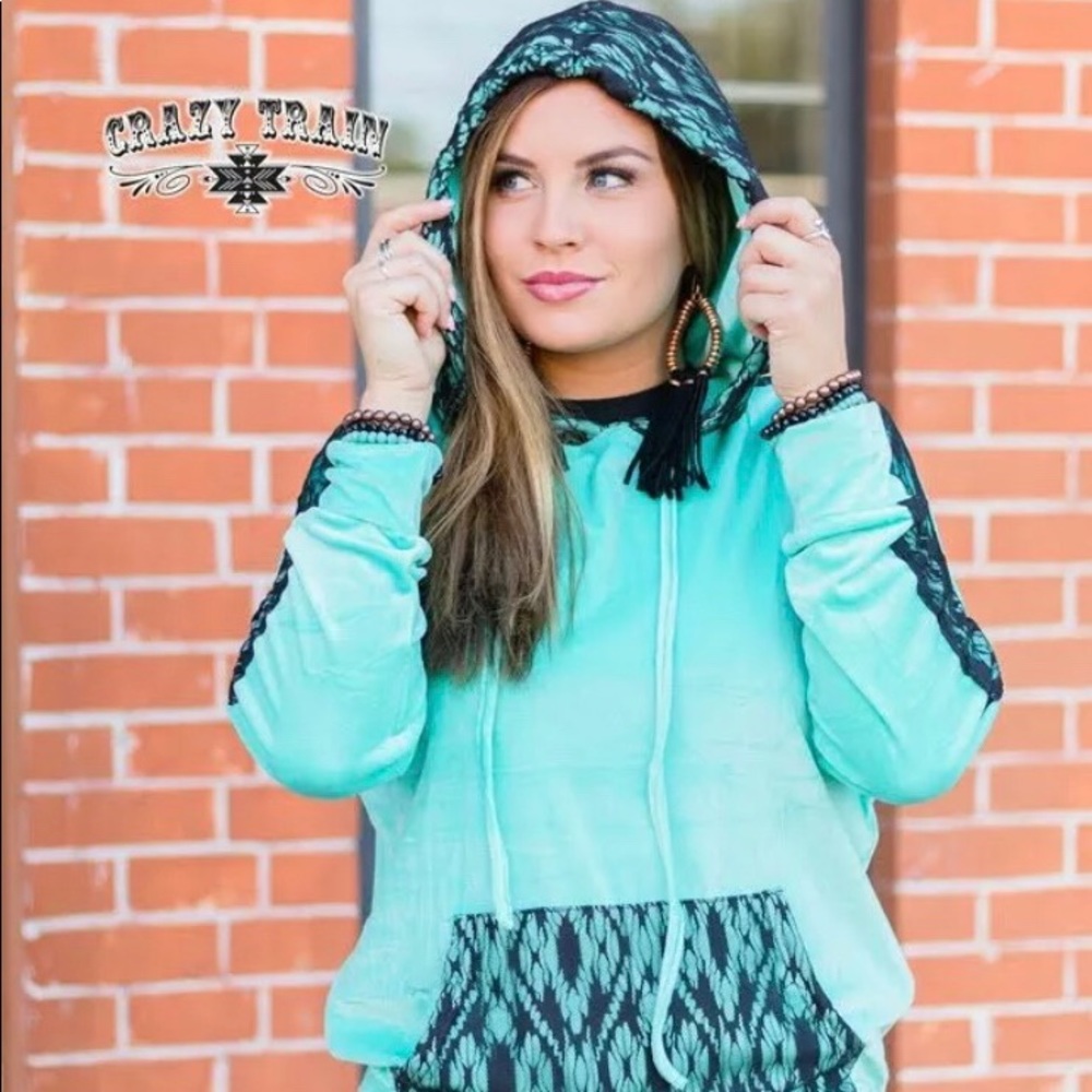 Crazy Train Black Lace and Turquoise Velour Hoodie